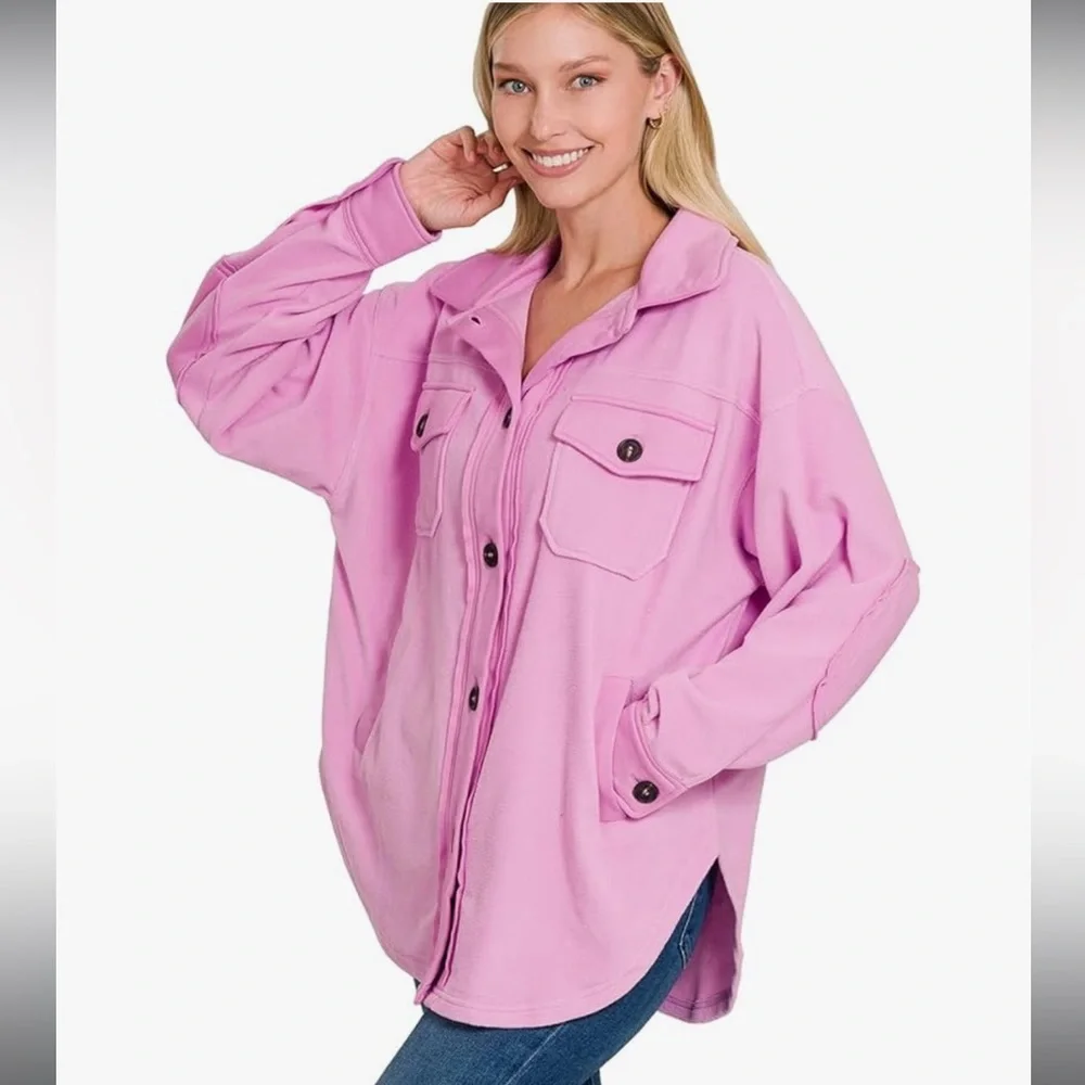 Zenana All About the Fleece Lightweight Button-Down Shacket in mauve small - Picture 2 of 5